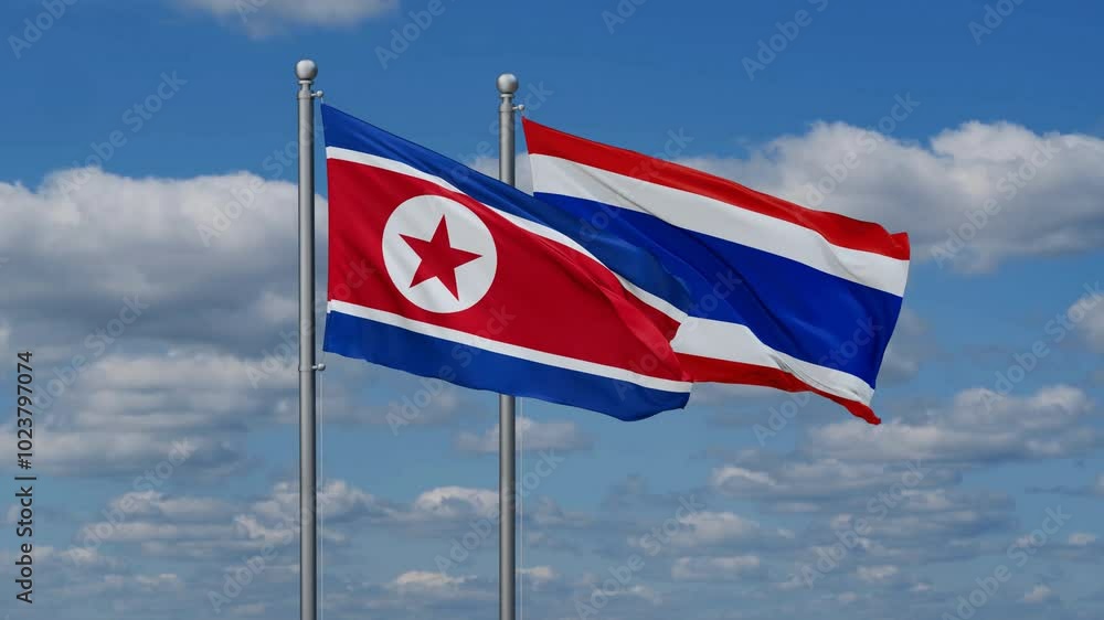 Kingdom of Thailand and North Korea flags flying together, video concept of the relationship, two country cooperation concept Kingdom of Thailand and North Korea flags flying together, video concept of the relationship, two country cooperation concept