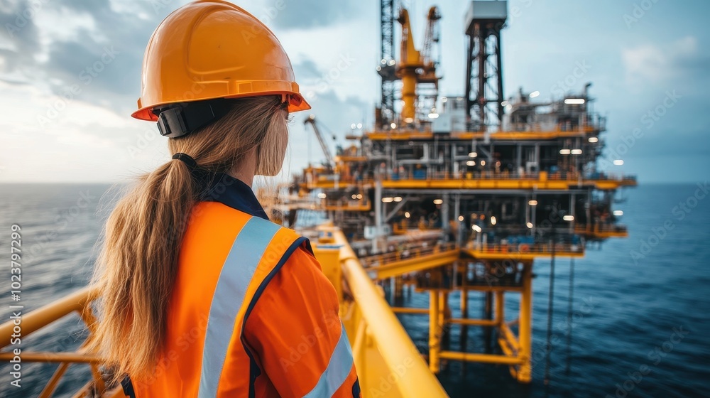 A woman in an orange safety suit watches an offshore oil platform as the sun sets over the sea