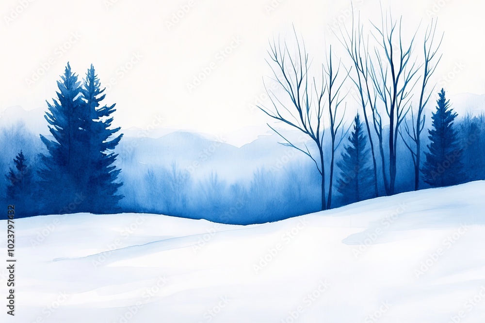 Serene Winter Landscape with Snowy Hills and Bare Trees in Tranquil Blue Tones Serene Winter Landscape with Snowy Hills and Bare Trees in Tranquil Blue Tones