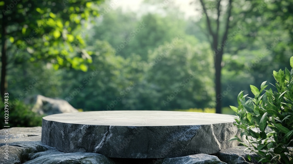 A circular stone platform with blurred foliage backdrop. A circular stone platform with blurred foliage backdrop.