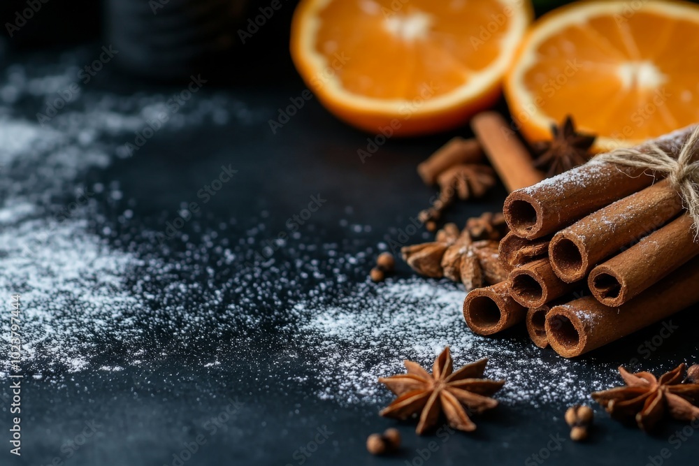 **Title**: Aromatic Cinnamon Sticks and Orange Slices on Dark Background - Spice and Citrus Still Life **Title**: Aromatic Cinnamon Sticks and Orange Slices on Dark Background - Spice and Citrus Still Life