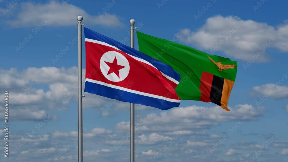 Zambia and North Korea flags flying together, video concept of the relationship, two country cooperation concept Zambia and North Korea flags flying together, video concept of the relationship, two country cooperation concept