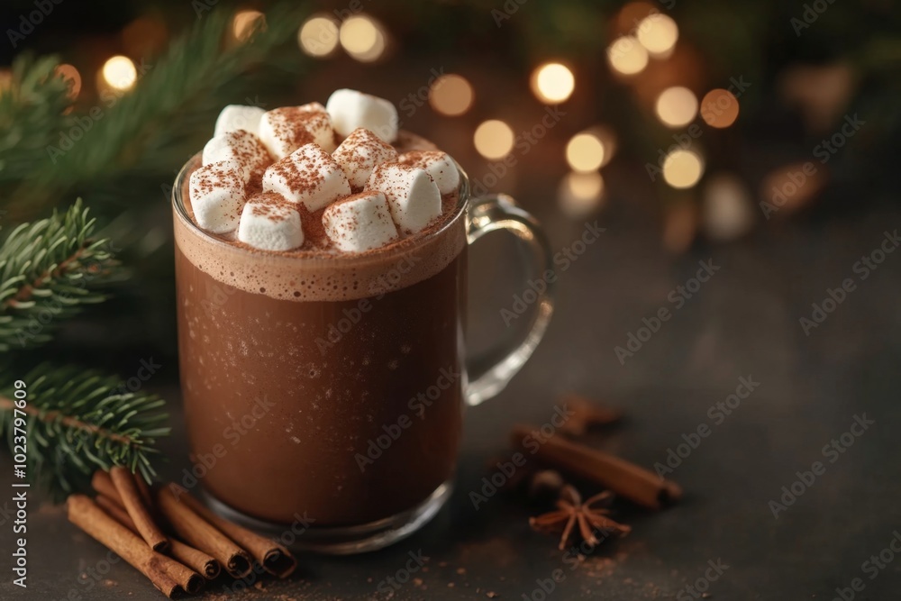 Cozy Hot Chocolate with Marshmallows and Cinnamon: A Warm Holiday Treat with Natural Bokeh. copy space Cozy Hot Chocolate with Marshmallows and Cinnamon: A Warm Holiday Treat with Natural Bokeh. copy space