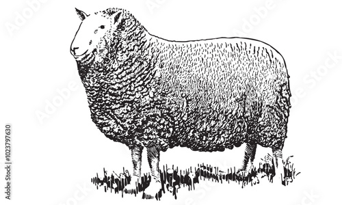 Farm Animal. Engraved Farming, Rustic, Livestock, Cattle Illustration. Sheep, Lamb, Yeanling, Grazing Vector Illustration. Engraved Mammal Animal. Soft Sheep Wool, Fleece.