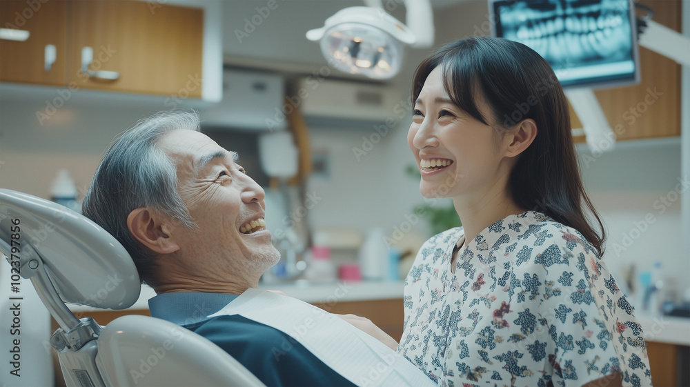 緊張する高齢男性を安心させる日本人女性歯科医師 緊張する高齢男性を安心させる日本人女性歯科医師