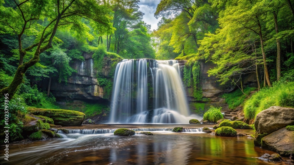 Fototapeta premium Minimalist enchanted oasis in deep forest waterfall