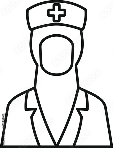 Simple line drawing depicting a muslim nurse wearing a hijab with her uniform