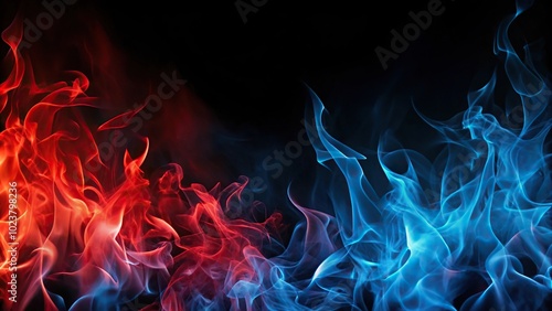 Minimalist fire background with red and blue flames on a black backdrop