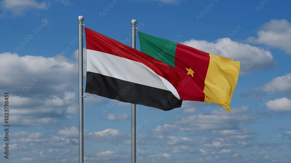 Cameroon and Yemen flags flying together, video concept of the relationship, two country relations concept Cameroon and Yemen flags flying together, video concept of the relationship, two country relations concept
