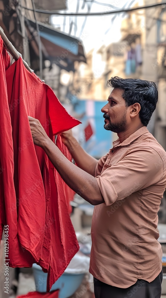 Obraz premium A man is standing in front of red hanging on wooden racks, in an Indian textile mill