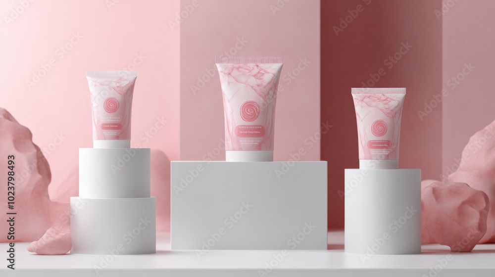Show off your brand and packaging designs with this mockup. Imagine your products on white stands against a soft pink backdrop. Show off your brand and packaging designs with this mockup. Imagine your products on white stands against a soft pink backdrop.