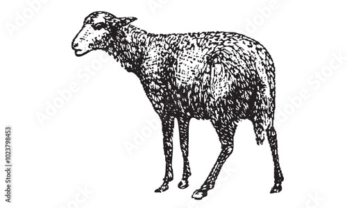 Farm Animal. Engraved Farming, Rustic, Livestock, Cattle Illustration. Sheep, Lamb, Yeanling, Grazing Vector Illustration. Engraved Mammal Animal. Soft Sheep Wool, Fleece.