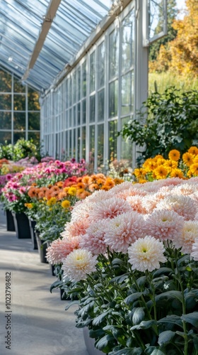 Fractal Chrysanthemums Blooming in a Sunlit Glasshouse: A Symphony of Colors and Nature