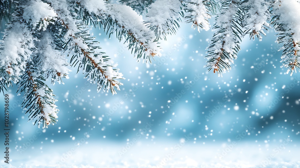 Snow-covered evergreen branches with a bokeh background of falling snow. Snow-covered evergreen branches with a bokeh background of falling snow.