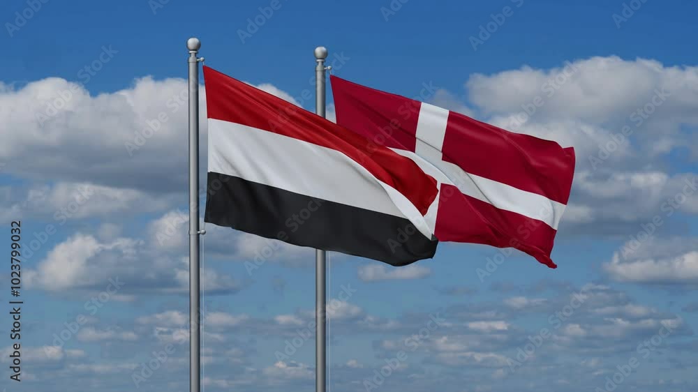 Denmark and Yemen flags flying together, video concept of the relationship, two country relations concept Denmark and Yemen flags flying together, video concept of the relationship, two country relations concept