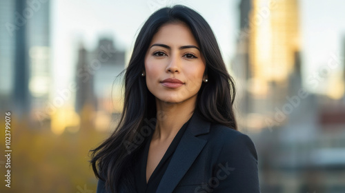 A woman with long black hair is standing in front of a city skyline