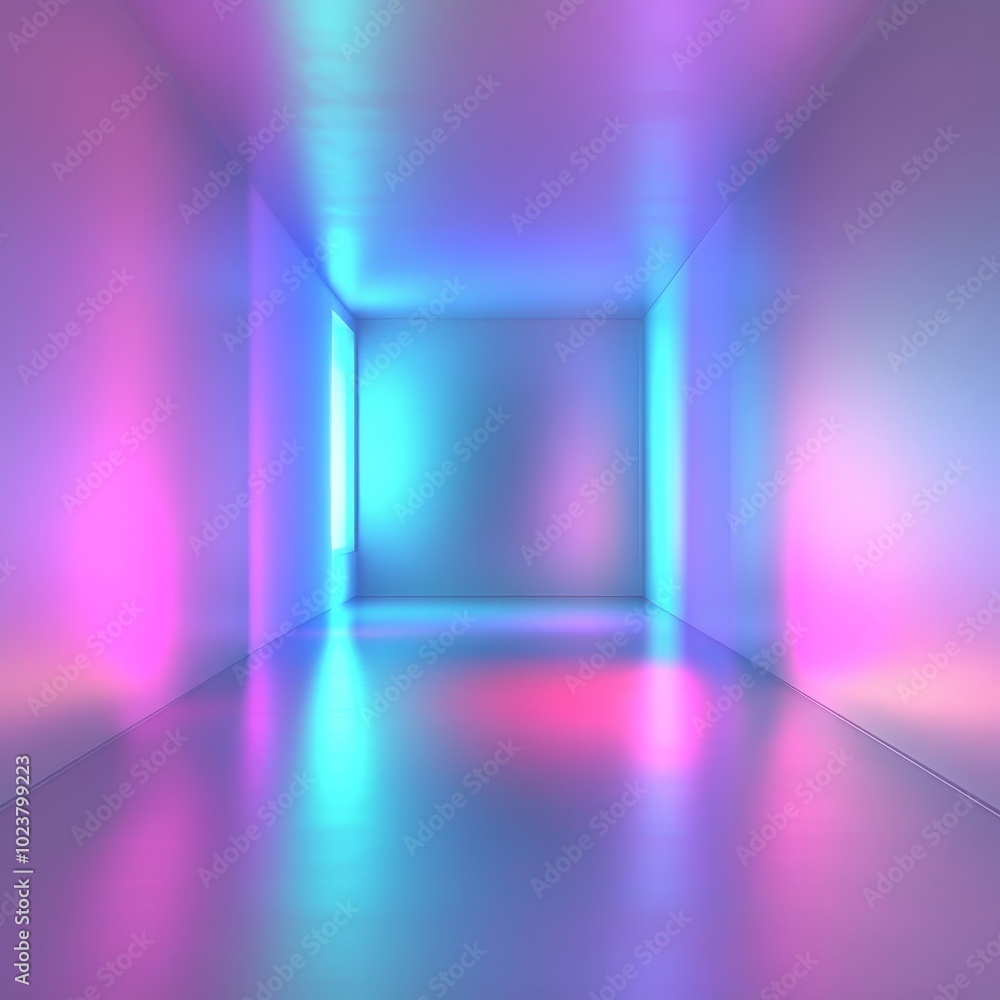 A large, empty room with a blue and pink light shining on the walls. The room is very bright and colorful, giving it a lively and energetic atmosphere A large, empty room with a blue and pink light shining on the walls. The room is very bright and colorful, giving it a lively and energetic atmosphere