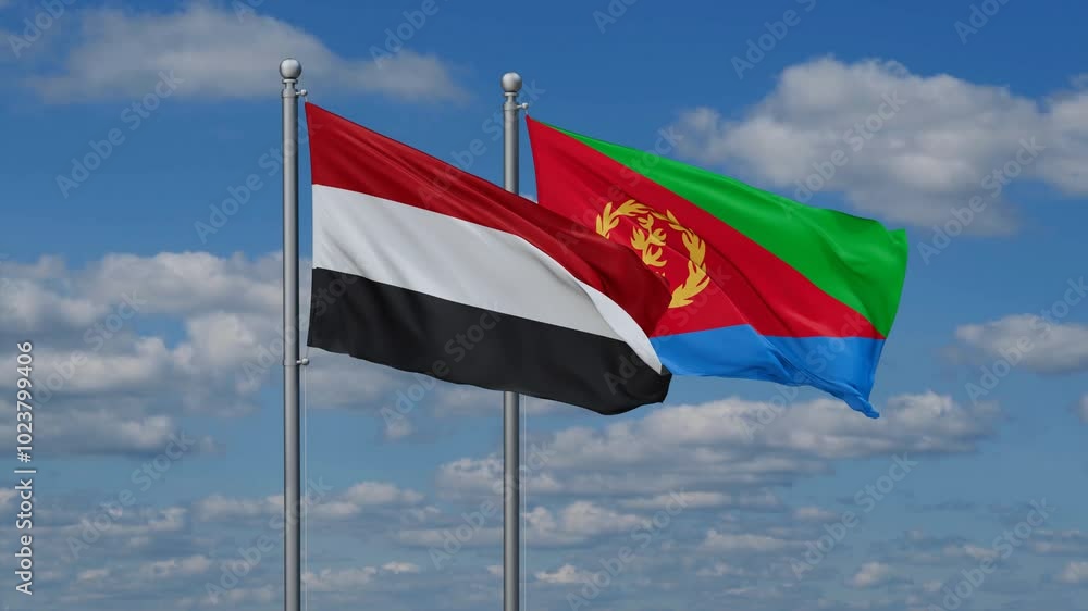 Eritrea and Yemen flags flying together, video concept of the relationship, two country cooperation concept Eritrea and Yemen flags flying together, video concept of the relationship, two country cooperation concept