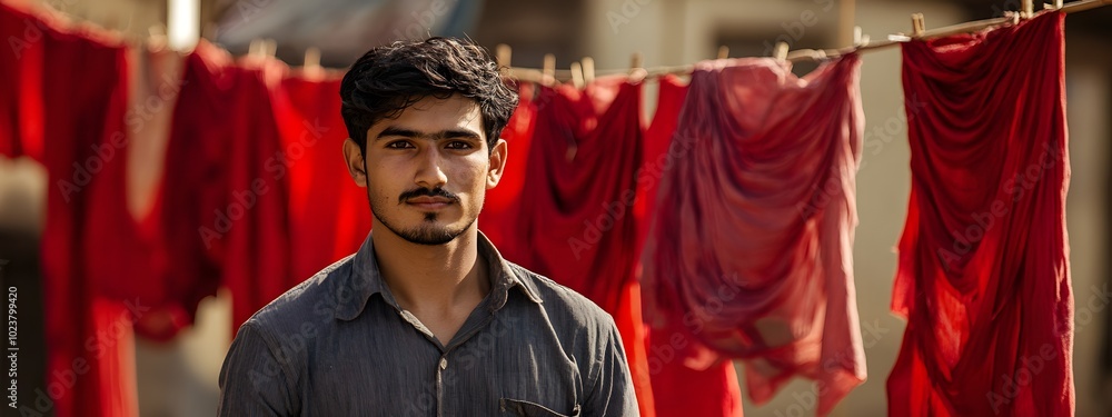 A man is standing in front of red hanging on wooden racks, in an Indian textile mill A man is standing in front of red hanging on wooden racks, in an Indian textile mill