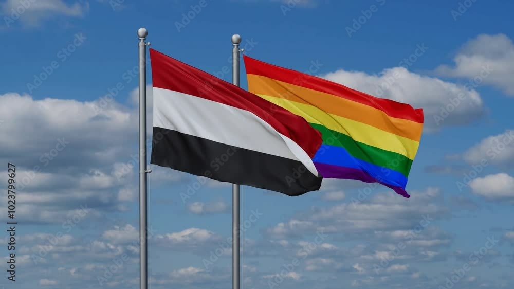 LGBT movement flag also Gay Pride and Yemen two flags waving cycle looped video, tolerance conception in country LGBT movement flag also Gay Pride and Yemen two flags waving cycle looped video, tolerance conception in country