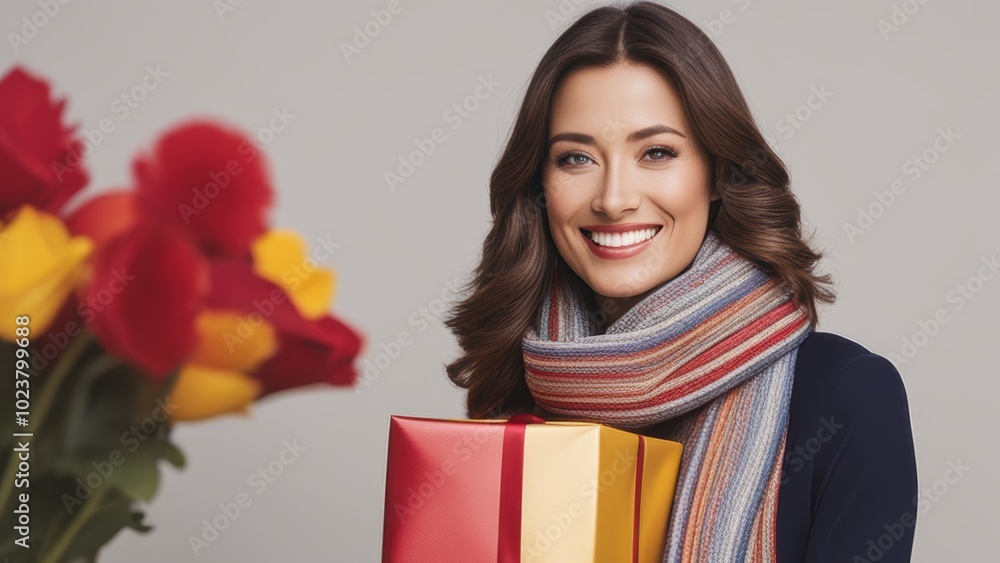 Woman in her thirties with dark hair and warm smile holds gift box surrounded by vibrant flowers and colorful scarf. Woman in her thirties with dark hair and warm smile holds gift box surrounded by vibrant flowers and colorful scarf.