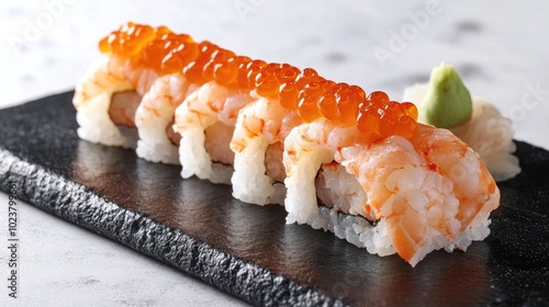 Fresh Sushi with Shrimp and Fish Roe on Slate Plate