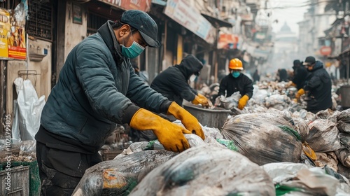 Men wearing gloves and masks sort through piles of waste on a bustling city street