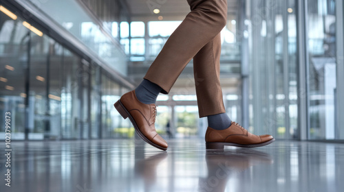 A man wearing brown pants and a brown shoe walks through a large, empty room