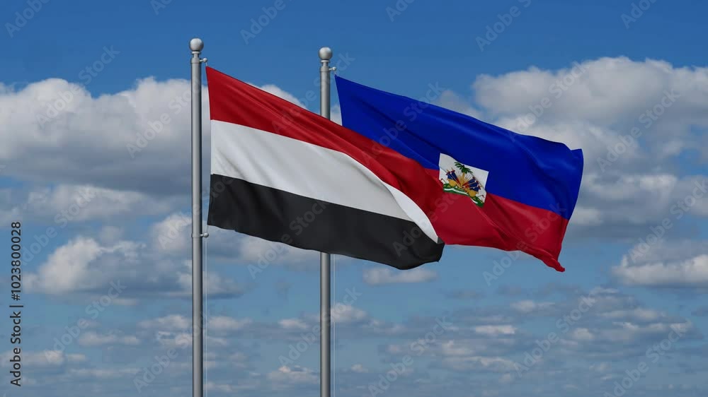 Haiti and Yemen flags flying together, video concept of the relationship, two country relations concept Haiti and Yemen flags flying together, video concept of the relationship, two country relations concept
