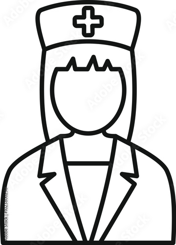 Simple line icon of a female healthcare worker wearing scrubs and a nurse hat