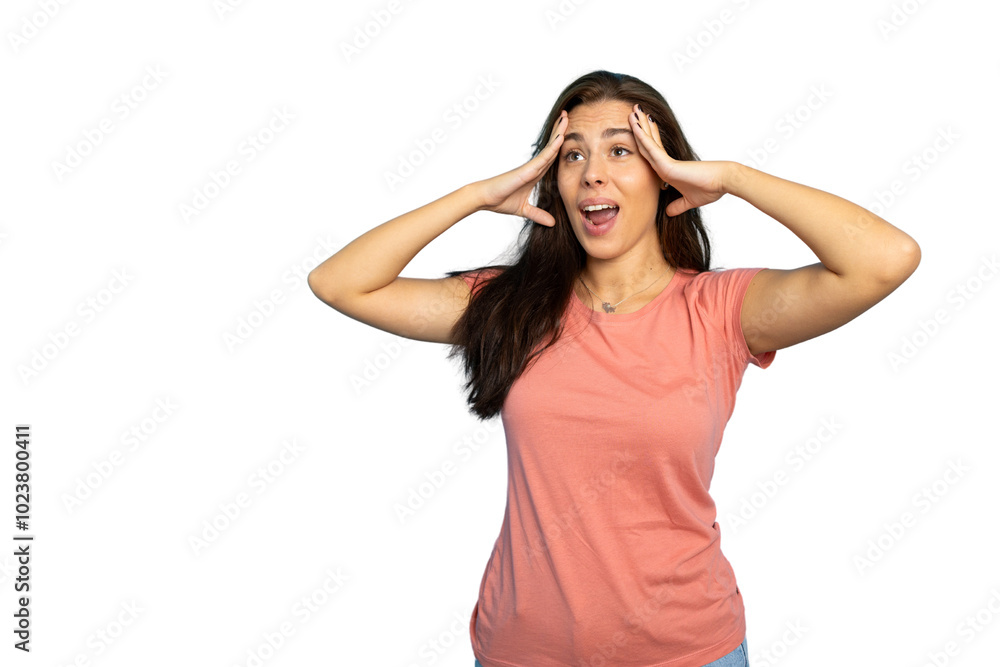 Surprised young female holding her head, looking out into the distance Surprised young female holding her head, looking out into the distance