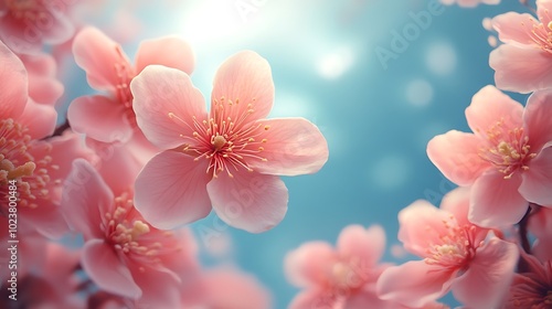 Close-up of delicate pink cherry blossoms against a bright blue sky with bokeh effect.