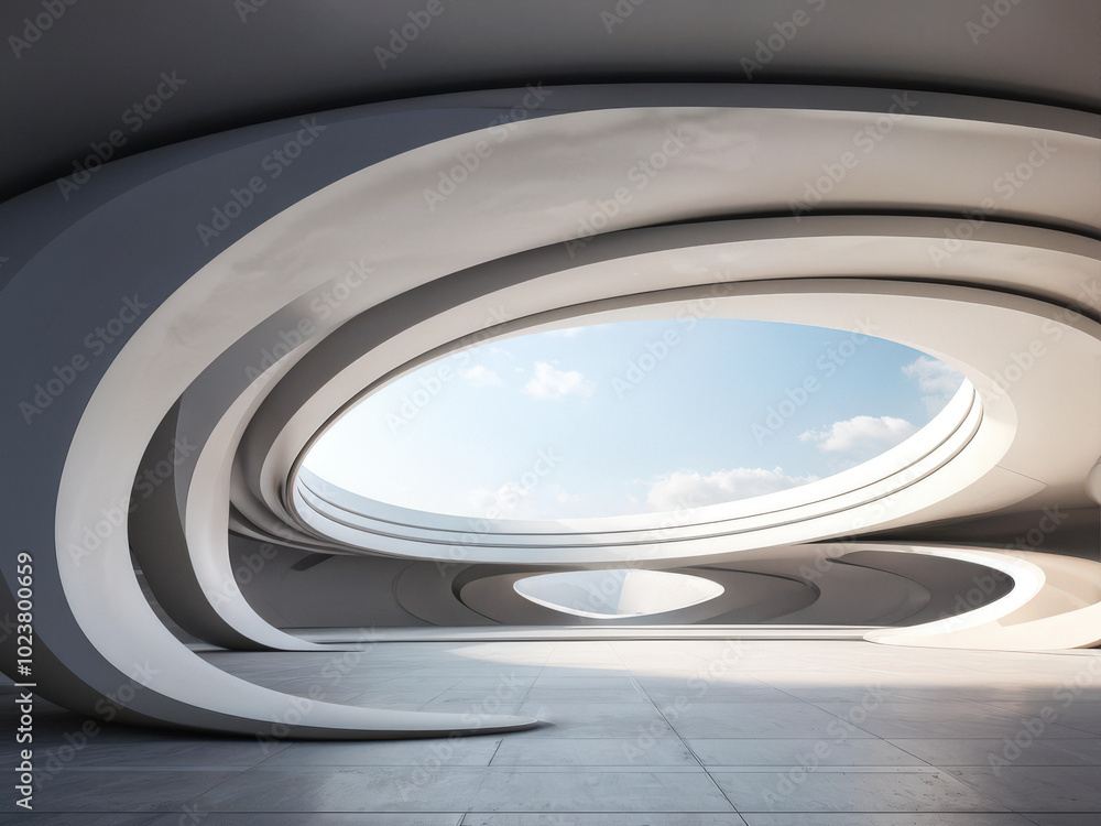 Minimalist 3D render of an abstract curved architectural structure, featuring clean lines and futuristic design elements in an empty, modern space. Generative AI Minimalist 3D render of an abstract curved architectural structure, featuring clean lines and futuristic design elements in an empty, modern space. Generative AI