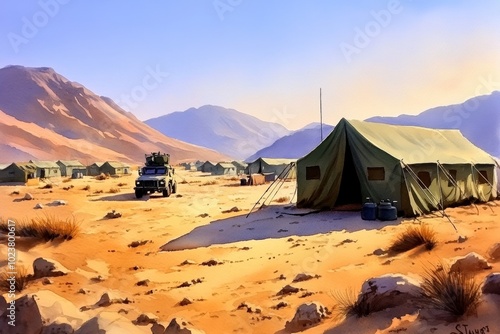 An expressive watercolor painting of a military base camp in a desert, capturing the dusty environment and the warm hues of the setting sun