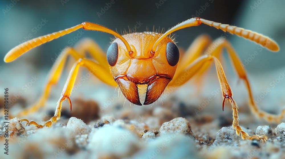 Fototapeta premium A close-up view of an orange ant with its mandibles open, facing the camera.