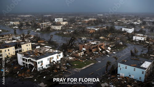 A picture of a city wrecked by hurricane forces with the words Pray for Recovery