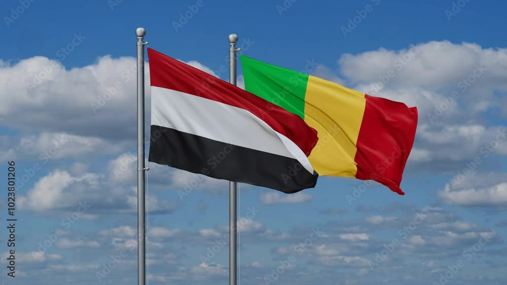 Mali and Yemen flags waving together, video concept of the relationship, two country relations concept Mali and Yemen flags waving together, video concept of the relationship, two country relations concept