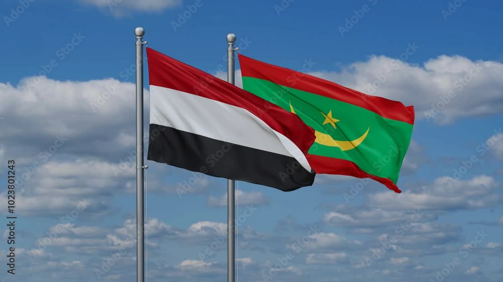 Mauritania and Yemen flags flying together, video concept of the relationship, two country relations concept Mauritania and Yemen flags flying together, video concept of the relationship, two country relations concept