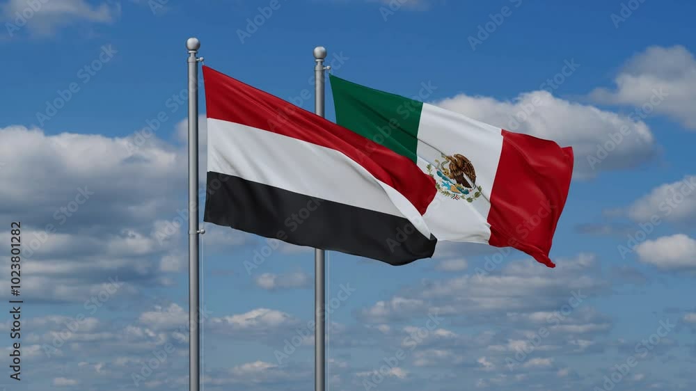 Mexico and Yemen flags flying together, video concept of the relationship, two country relations concept Mexico and Yemen flags flying together, video concept of the relationship, two country relations concept