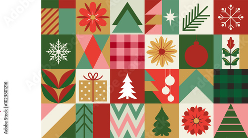 Merry Christmas and happy new year seamless geometric modern background squares trendy design . Minimalist Bauhaus style Christmas icons for wallpaper, packaging, postcard, cover, advertisement.
