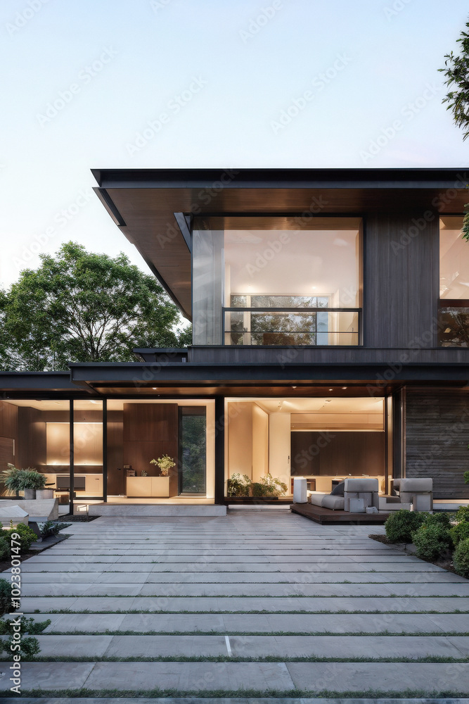 A modern, minimalist home with large glass windows, clean architecture, and a serene outdoor seating area. The design highlights open spaces and natural light. Generative AI A modern, minimalist home with large glass windows, clean architecture, and a serene outdoor seating area. The design highlights open spaces and natural light. Generative AI