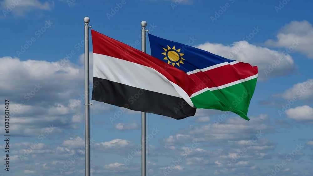 Yemen and Namibia flags flying together, video concept of the relationship, two country relations concept Yemen and Namibia flags flying together, video concept of the relationship, two country relations concept