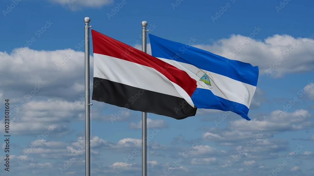 Nicaragua and Yemen flags flying together, video concept of the relationship, two country relations concept Nicaragua and Yemen flags flying together, video concept of the relationship, two country relations concept
