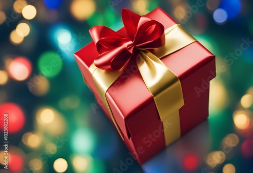 A gift box with a gold ribbon on a background of colorful bokeh