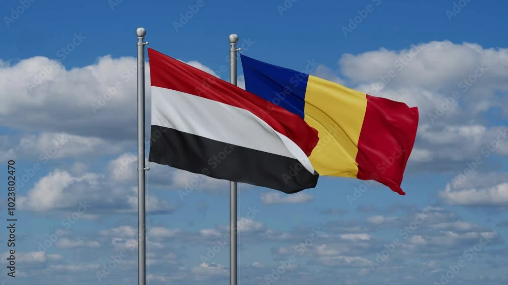 Romania and Yemen flags flying together, video concept of the relationship, two country cooperation concept Romania and Yemen flags flying together, video concept of the relationship, two country cooperation concept