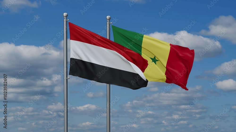 Republic of Senegal and Yemen flags flying together, video concept of the relationship, two country cooperation concept Republic of Senegal and Yemen flags flying together, video concept of the relationship, two country cooperation concept