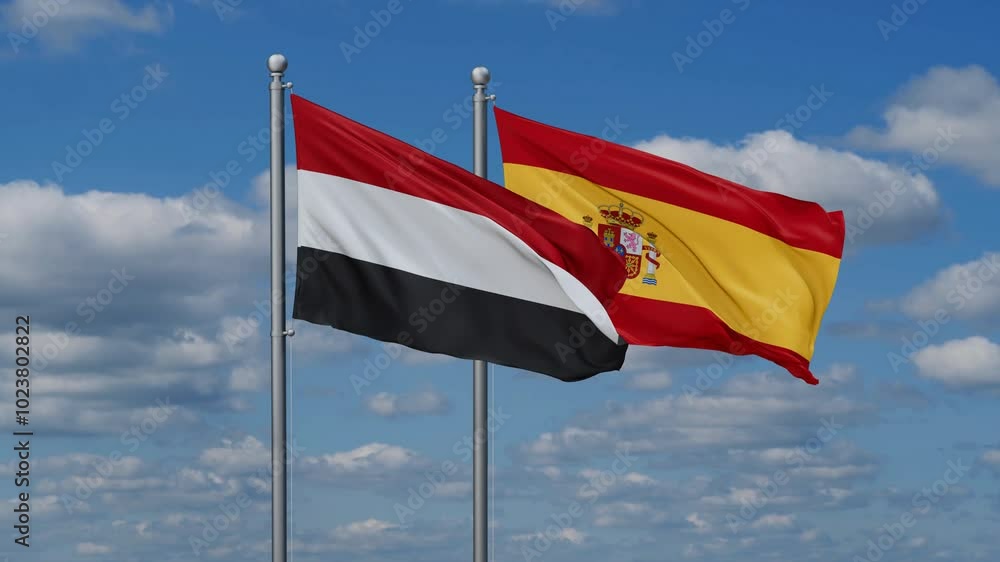 Spain and Yemen flags flying together, video concept of the relationship, two country cooperation concept Spain and Yemen flags flying together, video concept of the relationship, two country cooperation concept