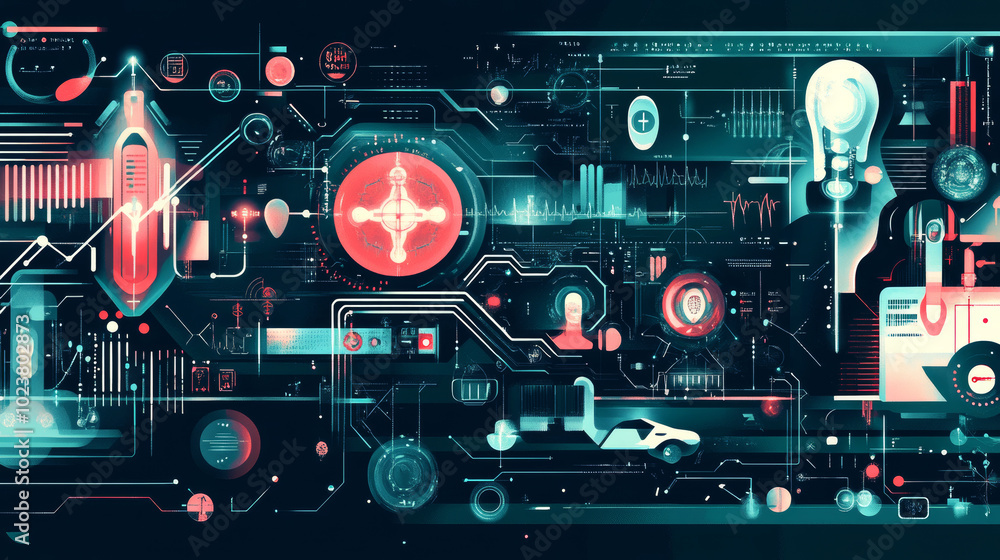This illustration shows how digital technology is changing healthcare and medicine. It uses futuristic designs to represent the ideas behind medical science and technology. This illustration shows how digital technology is changing healthcare and medicine. It uses futuristic designs to represent the ideas behind medical science and technology.