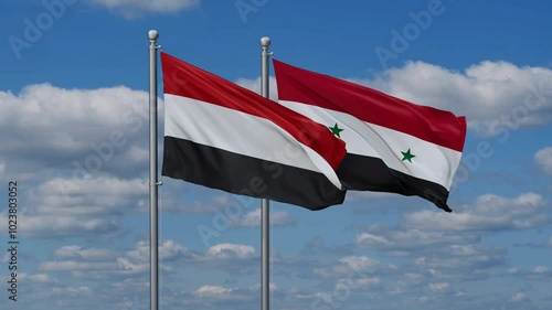 Syrian Arab Republic, Syria and Yemen flags flying together, video concept of the relationship, two country cooperation concept photo