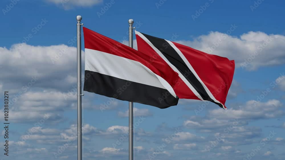 Trinidad and Tobago and Yemen flags flying together, video concept of the relationship, two country cooperation concept Trinidad and Tobago and Yemen flags flying together, video concept of the relationship, two country cooperation concept